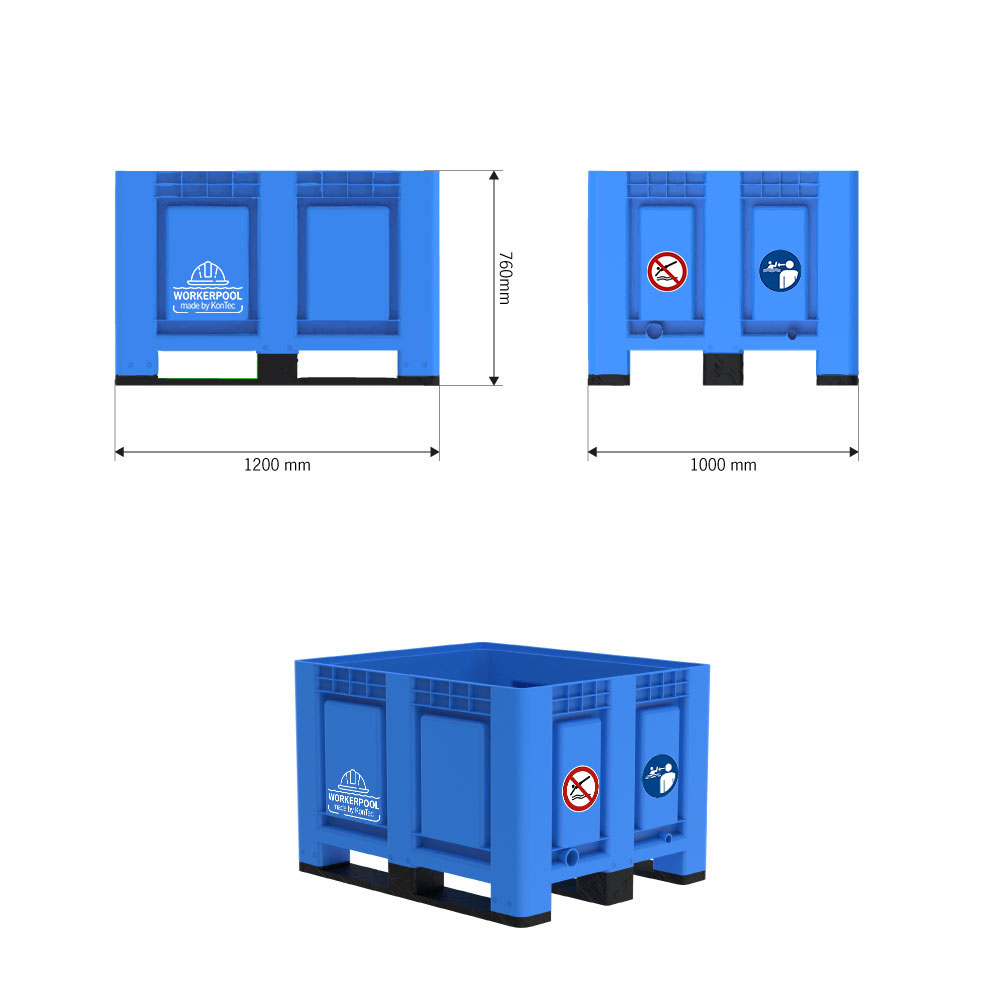 Maßzeichnung der blauen Bigbox des Workerpools mit weißem Logo und Sicherheitsaufklebern